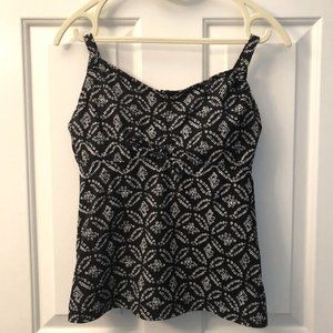 Lands End Tankini Top 4D Black White Geometric Pattern Tie Front
